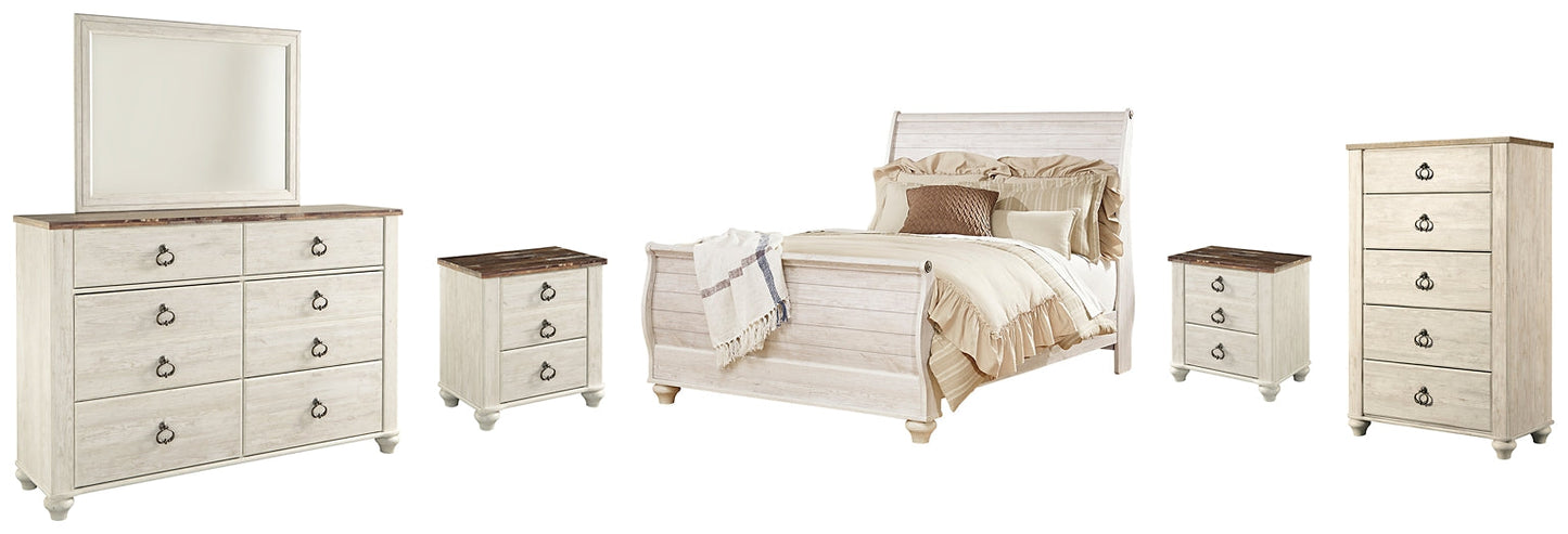 Willowton Queen Sleigh Bed with Mirrored Dresser, Chest and 2 Nightstands Furniture Mart -  online today or in-store at our location in Duluth, Ga. Furniture Mart Georgia. View our lowest price today. Shop Now. 