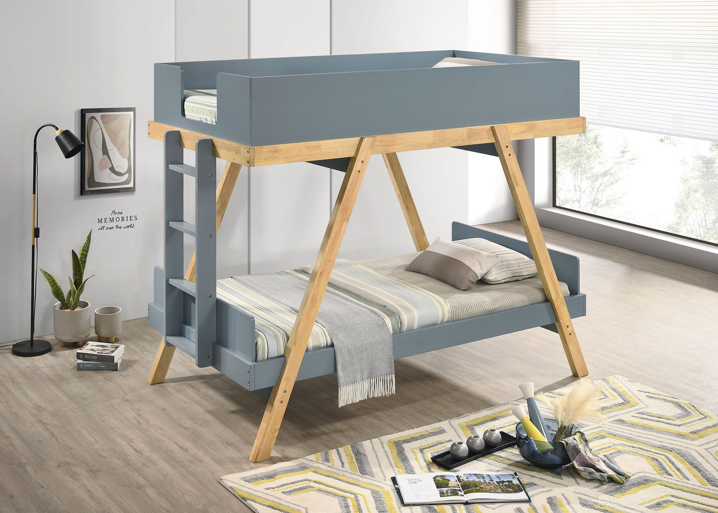 Frankie Wood Twin Over Twin Bunk Bed Blue and Natural