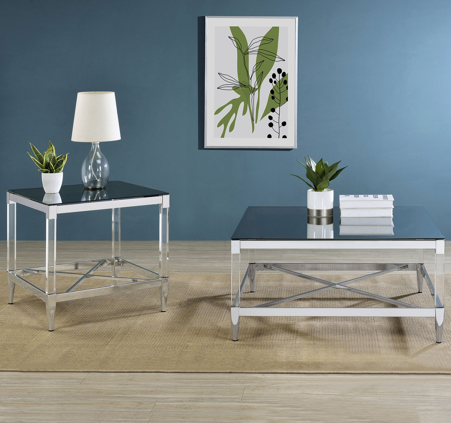 Lindley Square Coffee Table with Acrylic Legs and Tempered Mirror Top Chrome